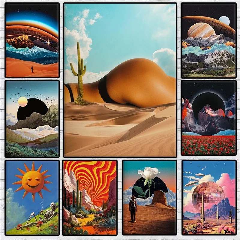 Western Psychedelic Surreal Landscape Poster Desert Planet Space Abstract Canvas Painting Wall Art for Living Room Home Decor