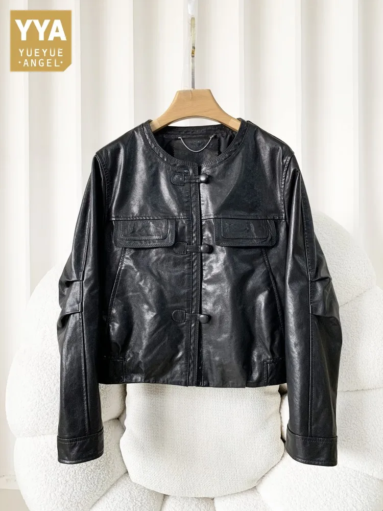 

Vintage O Neck Single Breasted Short Style Jacket Women Real Sheepskin Genuine Leather Coat Slim Fit Fashion Streetwear Coat