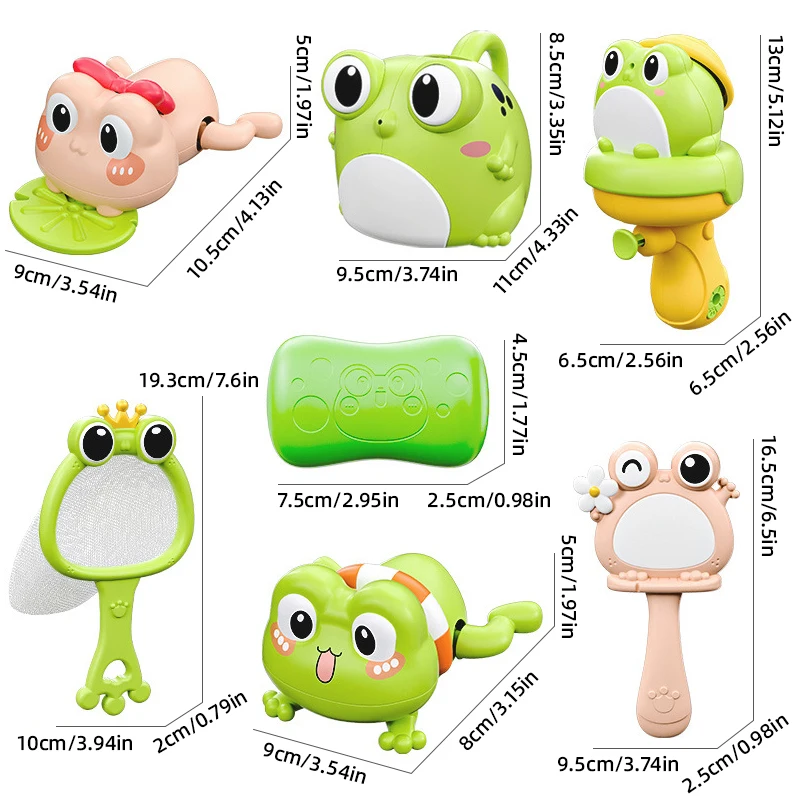 Bath toys, frog shaped bath toy set, 7-piece set of frog swimming, water gun, massage brush, shower bucket, soap, net fishing, b