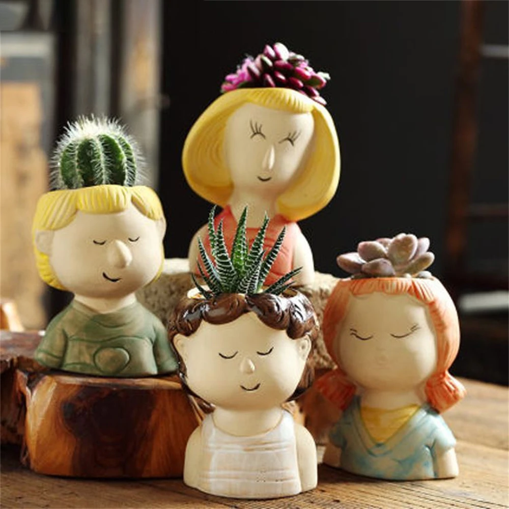 Ceramic Planters Pot Closed Eyes Flower Pot With Drain Holes Cute Portrait Flower Pot Figurine For Indoor Outdoor Plants