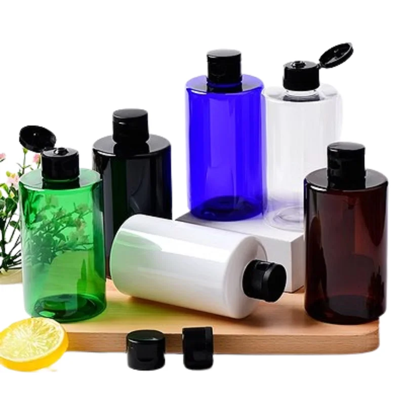 20Pcs Empty Plastic Refillable Bottle Flat Shoulder PET 250ML Black White Clear Flip Lid Cosmetic Packing Shampoo Bottles