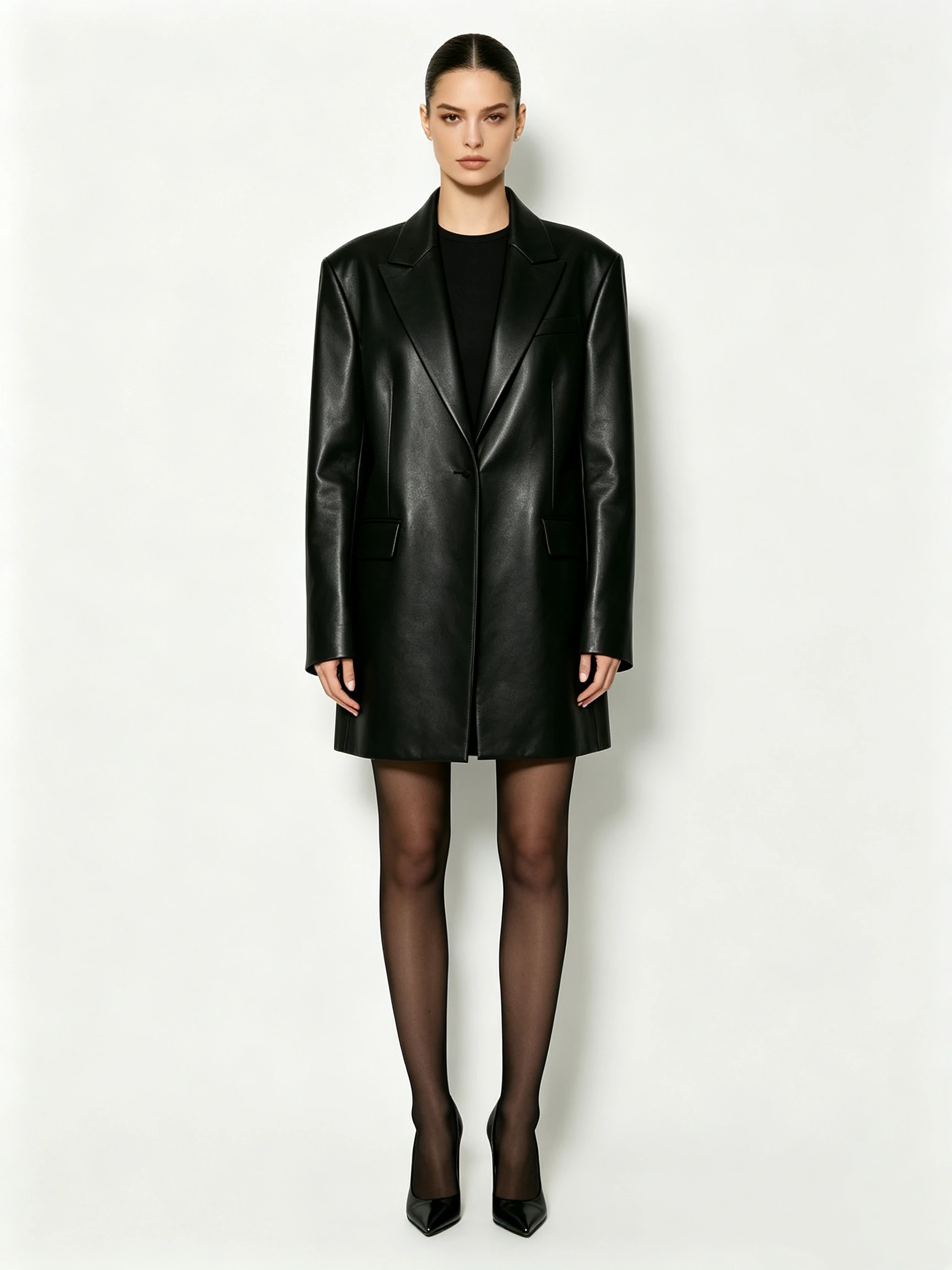 Women's Faux Leather Oversized Blazer with Wide Notch Lapels and Mid-Length Fit
