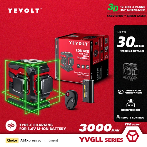 YEVOLT 녹색 레이저 레벨, 3 평면 12 라인 셀프 레벨링 360, 3D 수평 및 수직 3.6V 3Ah 전동 공구, YVGLL4XS12T 