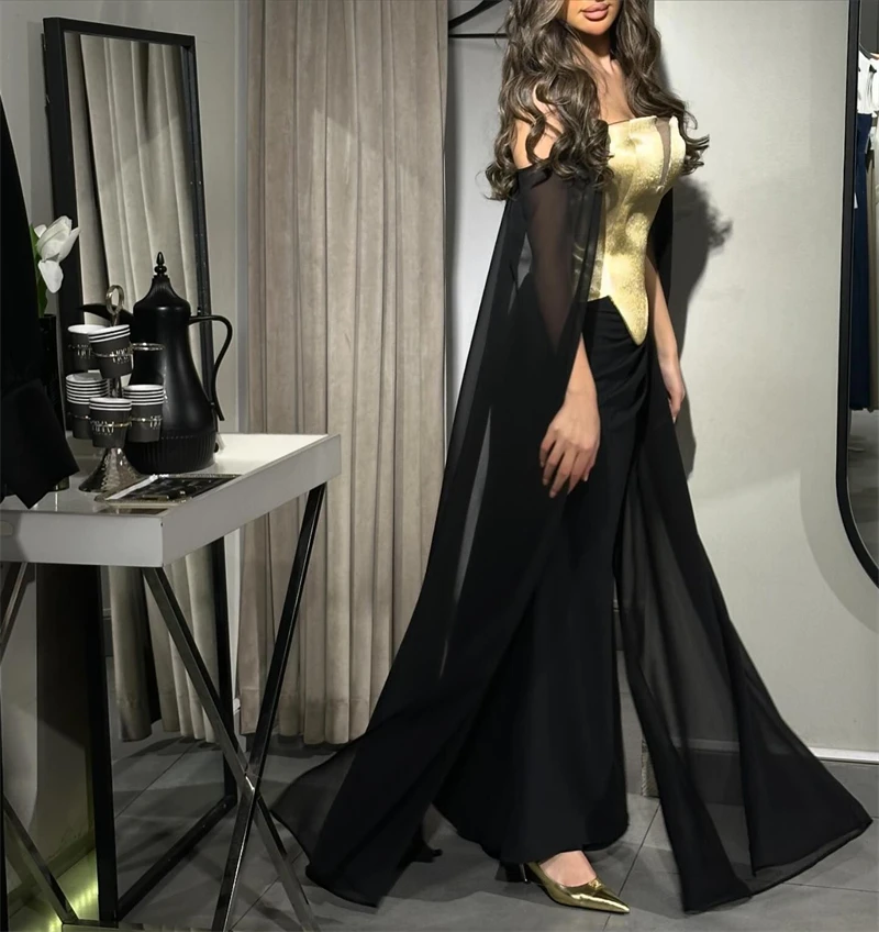 Chic Black/Gold Long Event Prom Night Dresses Off Shoulder Chiffon Long Sleeves Dubai Club Evening Party Gowns Split Dress Gown