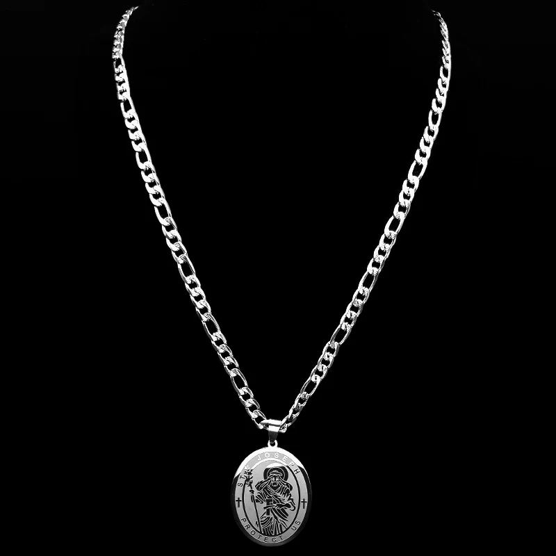 سانت جوزيف حماية لنا البيضاوي قلادة قلادة للنساء الرجال الفولاذ المقاوم للصدأ الذهب اللون الكاثوليكية الهيب هوب سلسلة ميدالية مجوهرات هدية #5