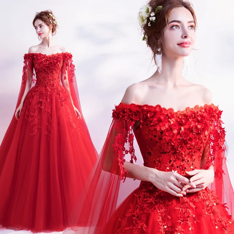 Rose red evening gown with long sleeves draped over gauze, 2023 new bride wedding and toasting attire, fairy aura evening gown