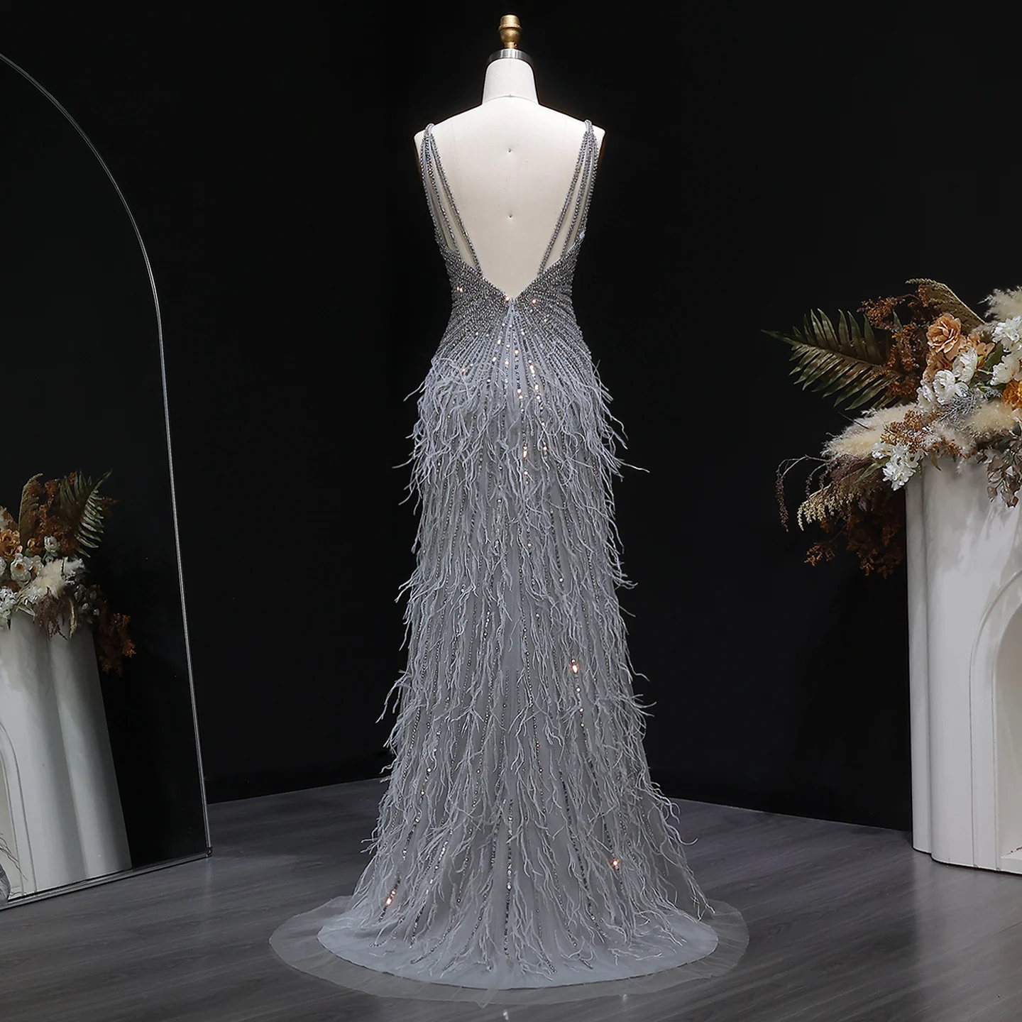 Sharon Said Dubai Luxuriöse Feder-Meerjungfrauenkleider in Silber für Hochzeiten, Blaues Arabisches Abendkleid, Partykleider SS004 Maßanfertigung – Detail 25