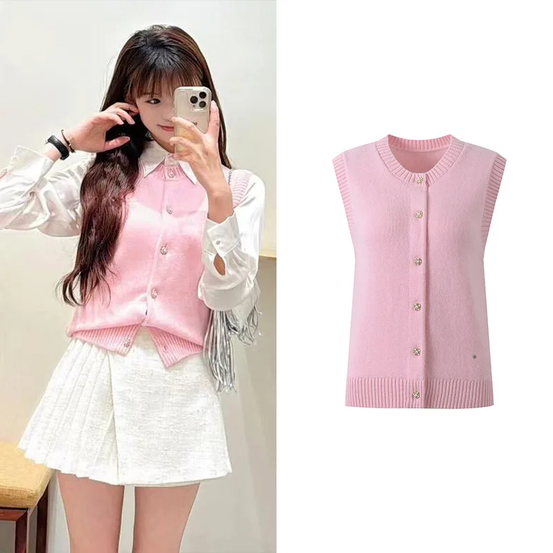 

Высококачественная версия Sweet Sakura, розовый вязаный открытый кардиган с высоким воротником, топ без рукавов, женская серия Faion, весна 2025 г.