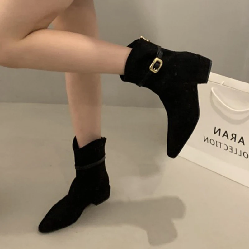 Women Heeled Ankle Boots Fashion Chunky Shoes Winter 2026 New Buckle Short Boots Comfort Walking Shoes Zip Chelsea Botas Mujer
