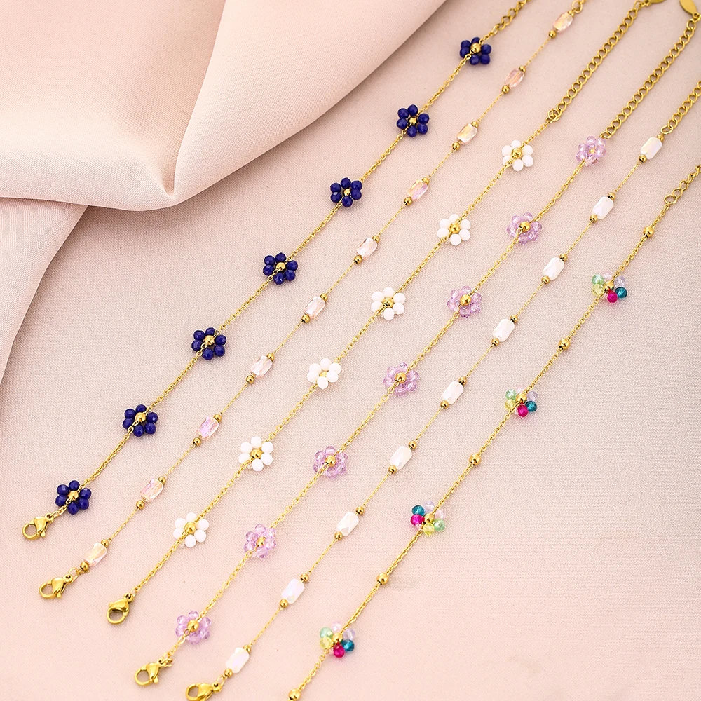 

2025 Summer Cute Handmade Crystal Petal Bracelet High-End Colorful Glass Beads Stainless Steel Jewelry for Women