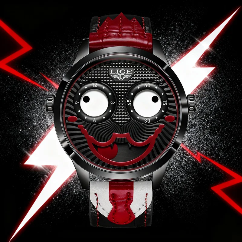 

LIGE Creative Design Clown Man Watch Funny Leather Strap Watches for Men Personality Waterproof Sport Smile Joker Quartz Watch