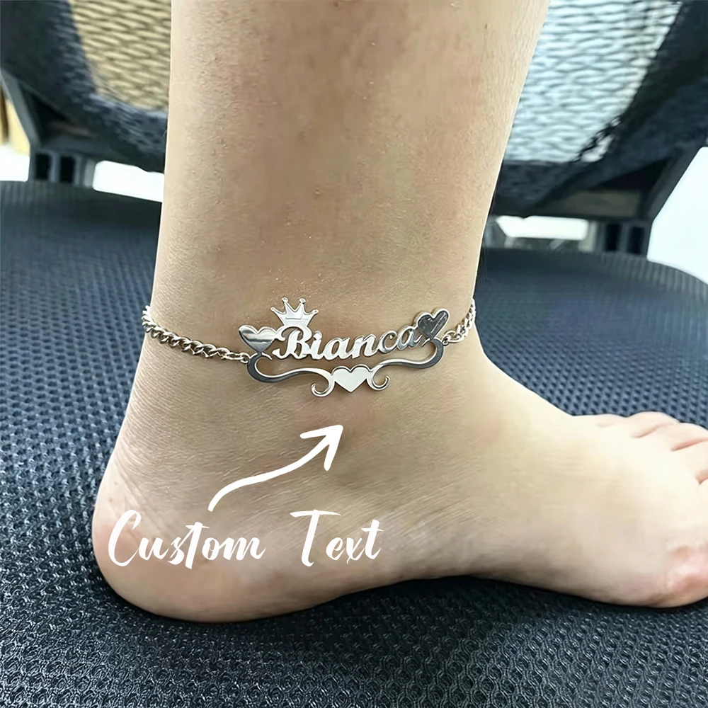 Custom Crown Love with DIY Name Anklet Fashion Thick Cuban Foot Chain for Women Men Stainless Steel Personalized Jewelry Gift