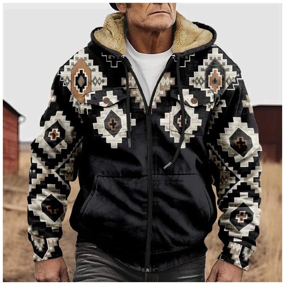 Men Winter Cardigans Jackets Coats Printed Western Aztec Geometric Art Graphics Plush Thick Hunting Streetwear Unisex Clothing