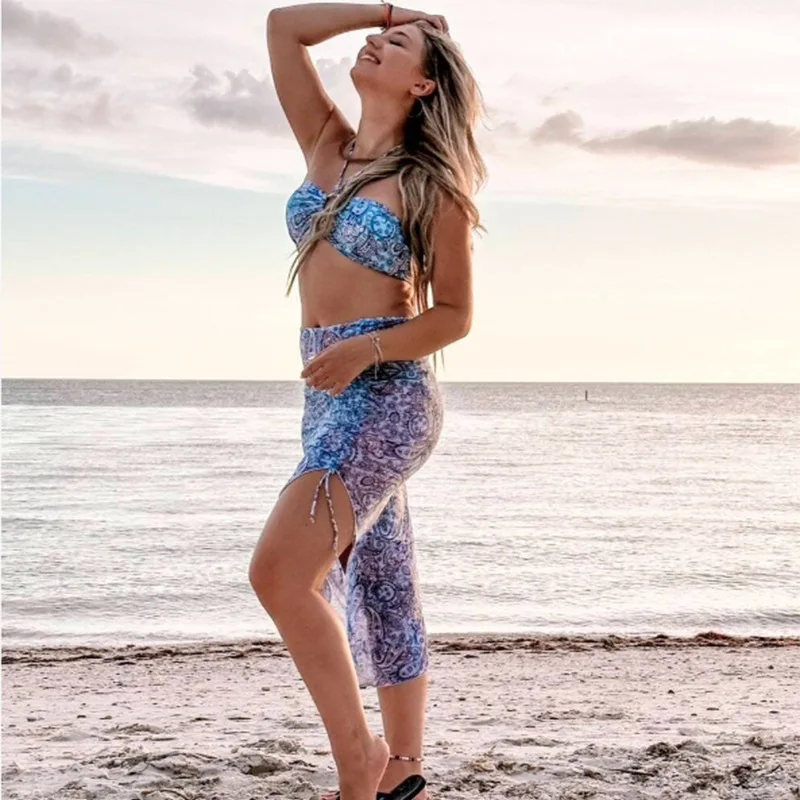 Badeanzug mit dreiteiligem Badeanzug am Meer, Gaze-Rock mit Kordel zug für Frauen, dreieckiger Bikini-Badeanzug für Damen im geteilten Stil