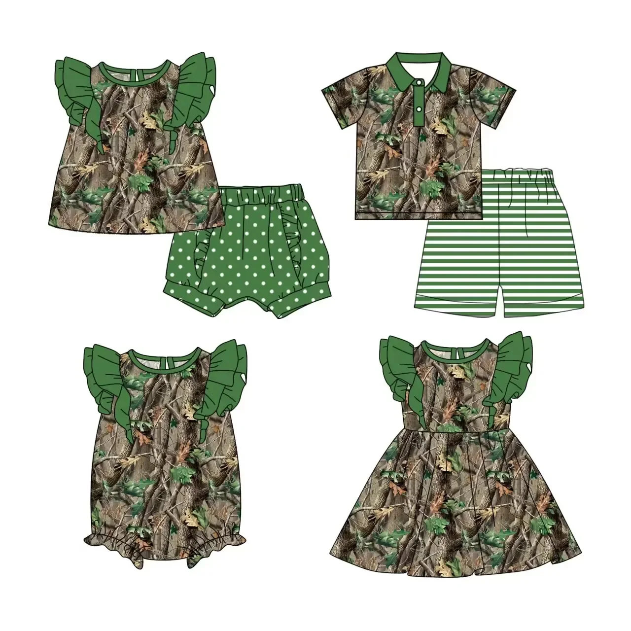 New summer four-piece matching set for boys and girls branch texture printed top boy striped shorts girl pearl dress