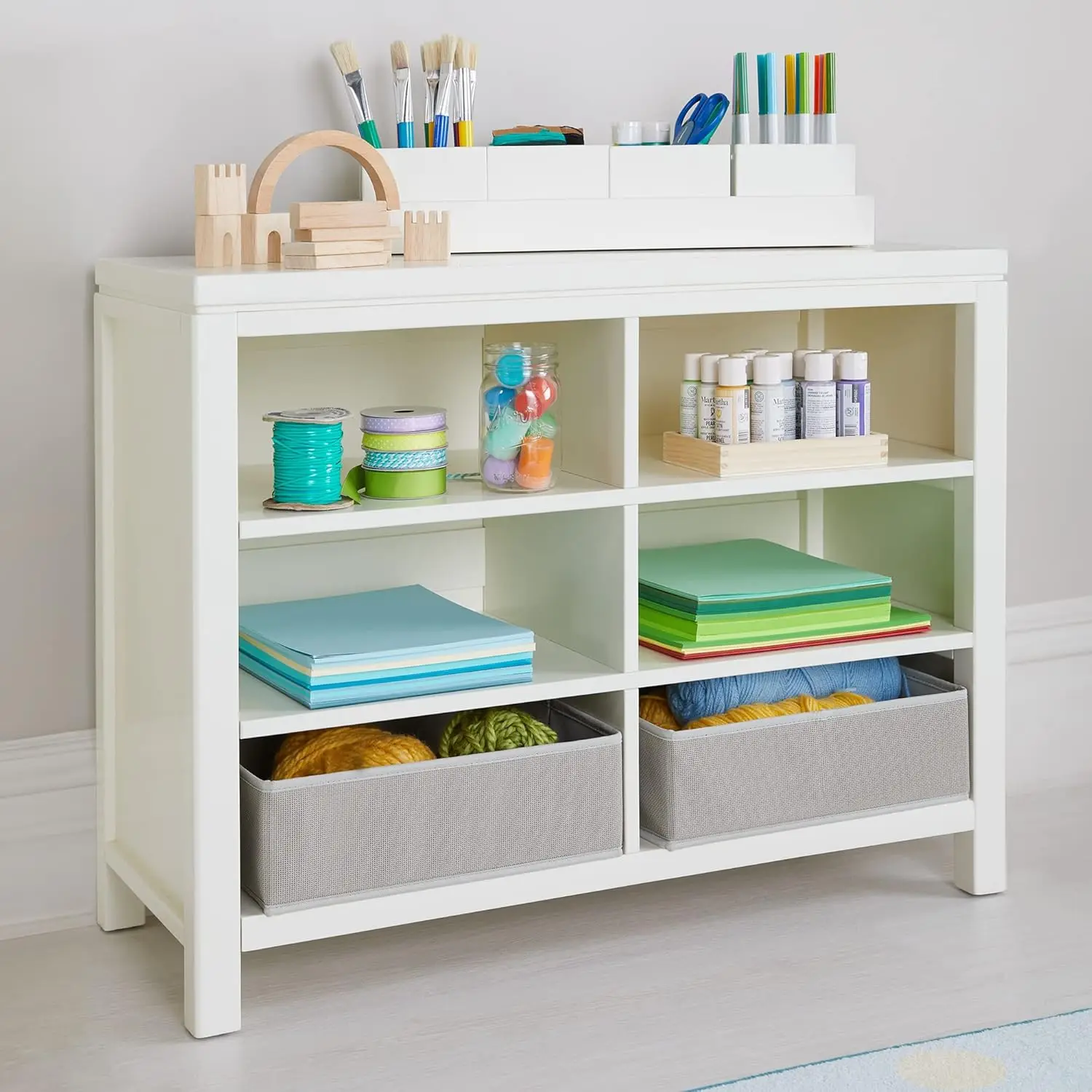 

Crafting Kids' Double Open Storage - Linen White: Wooden Shelving with Bins, 6 Compartment Art Supply Organizer for, Customized