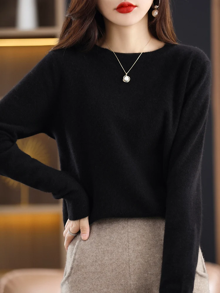 Women Autumn Winter Cashmere Sweater Soft Basic Bottom Pullover Round Neck Casual Simple 100% Cashmere Knitwear Clothing Tops