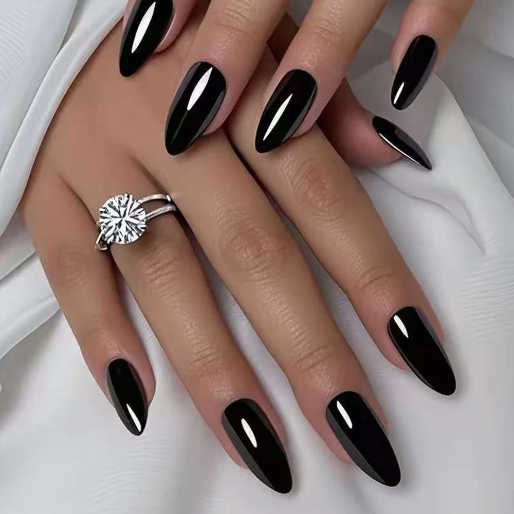 48Pcs Shiny Black Artificial Fake Nails With Jelly Glue Press On Short Stiletto False Nails DIY Salon Tips Manicure Tools