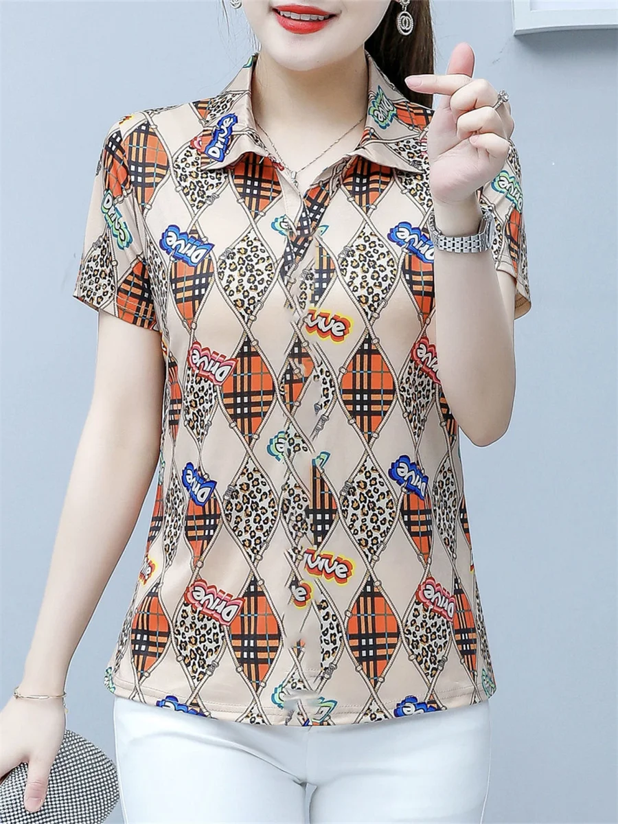 6XL Women Spring Summer Blouses Shirts Lady Fashion Casual Short Sleeve Turn-down Collar Printing Blusas Tops TT2128