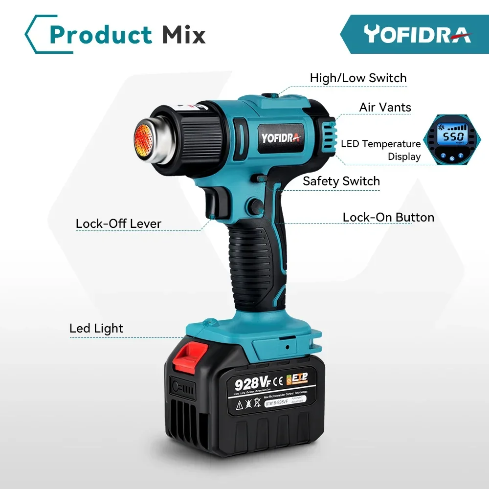 Yofidra 18V 50-550℃ 2500W Heat Gun.High/Low 2 Gears.Wind Speed 6 Gear Optional.With LED Temperature Display Cordless Hot Air Gun