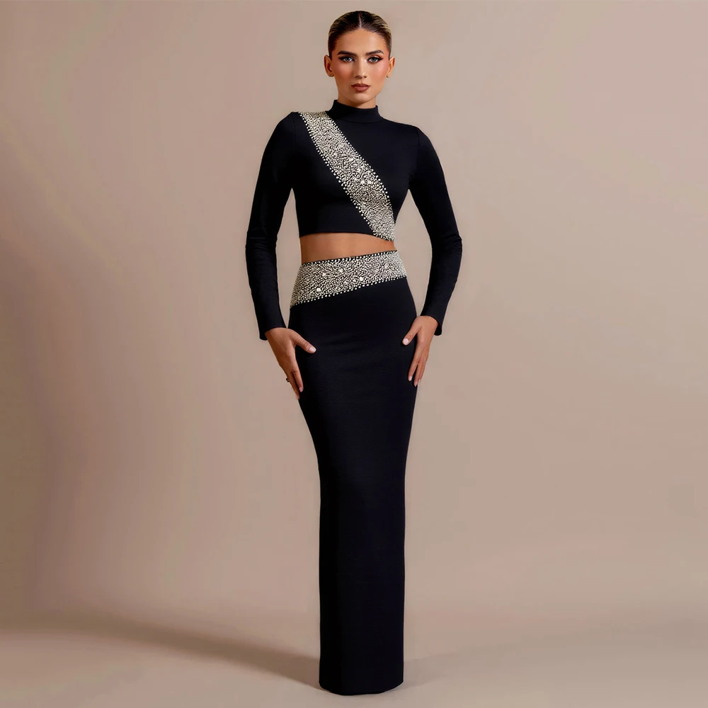 

Women Elegant Two Pieces Sets Sexy Beading Tops Long Skirts Bandage Sets Club Party Bodycon Sets