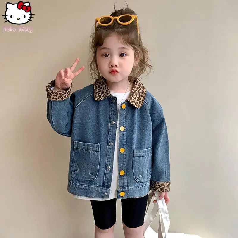 

Джинсовая куртка с леопардовым принтом для девочек в стиле аниме «Hello Kitty», кавайная весенне-осенняя новая корейская версия Sanrio, модная модная милая куртка