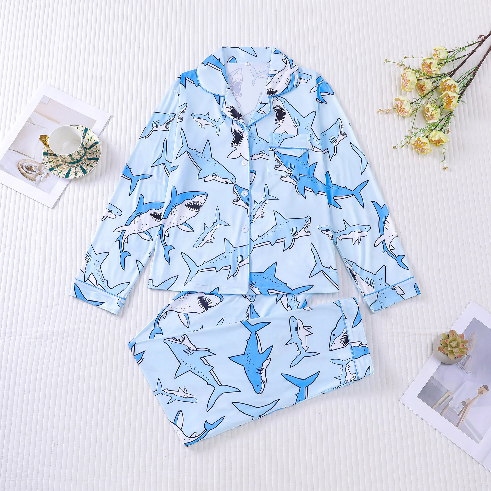 

Silk Satin Women's Pajamas Autumn Printed Lapel Collar Long-sleeved Trousers 2PCS European American Comfortable Loungewear Set