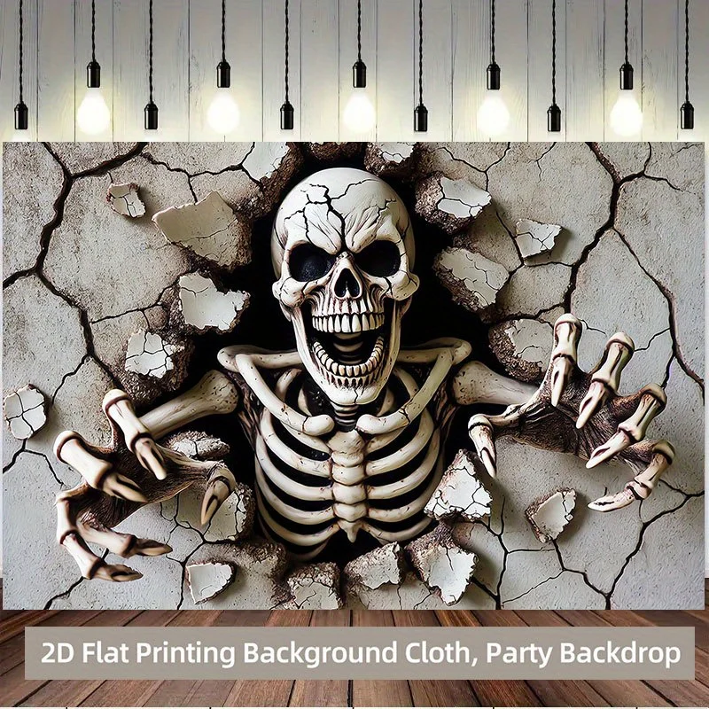 Skeleton Breaking Wall Tapestry, 3D Illusion Spooky Design, Halloween Themed Wall Art for Party Photo Backdrop and Home Decor