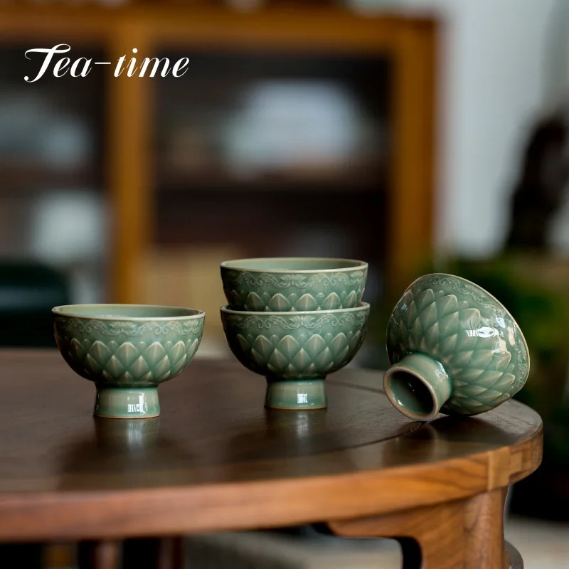 50ML Yue Kiln Celadon Relief High Foot Cup Handmade Fish Scales Single Cup Kung Fu Tea Set Master Cup Greengaga Personal Cup