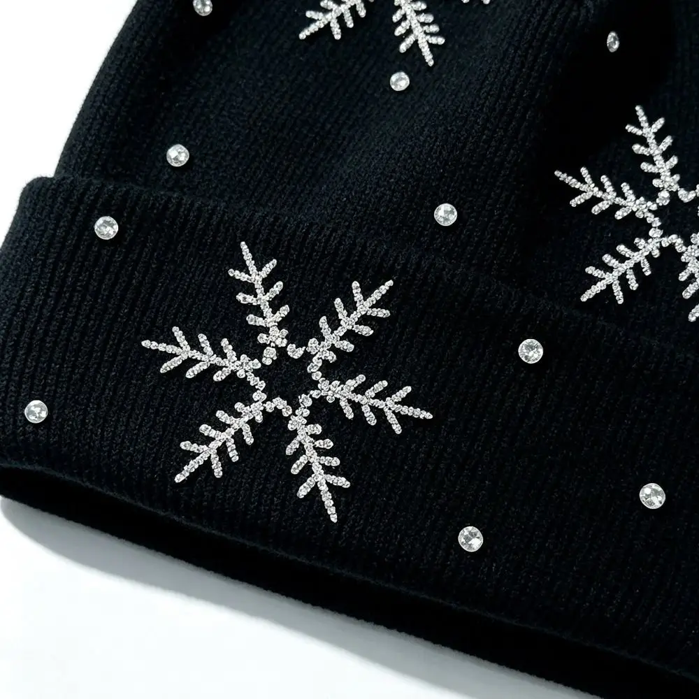 Knitted Fabric Winter Beanie Rhinestone Folded Cuff Children Knit Hat Soft Snowflake Embellishment Snowflake Knitted Cap