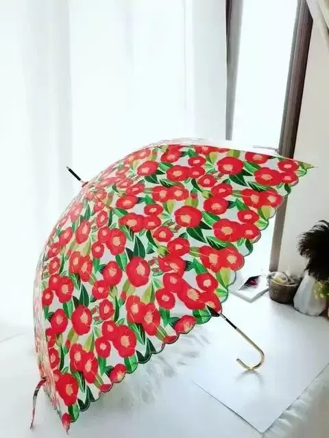 

Ins Sle Japanese Embroidered k Flower Red Bla Glue Manual Long Handle UV Sun Rain Umbrella Two Use Retro Aluminum Allo...