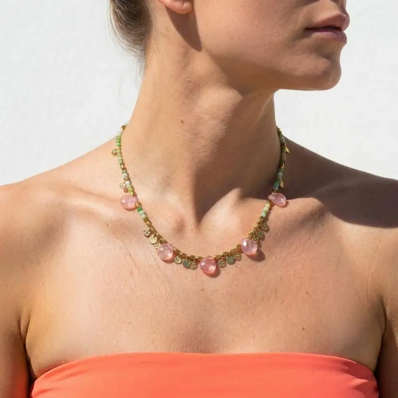 Green Jade Red And Green Gemstone Natural Stone Crystal Seaside Beach Style Women Water Drop Pendant Charms Necklace Jewelry