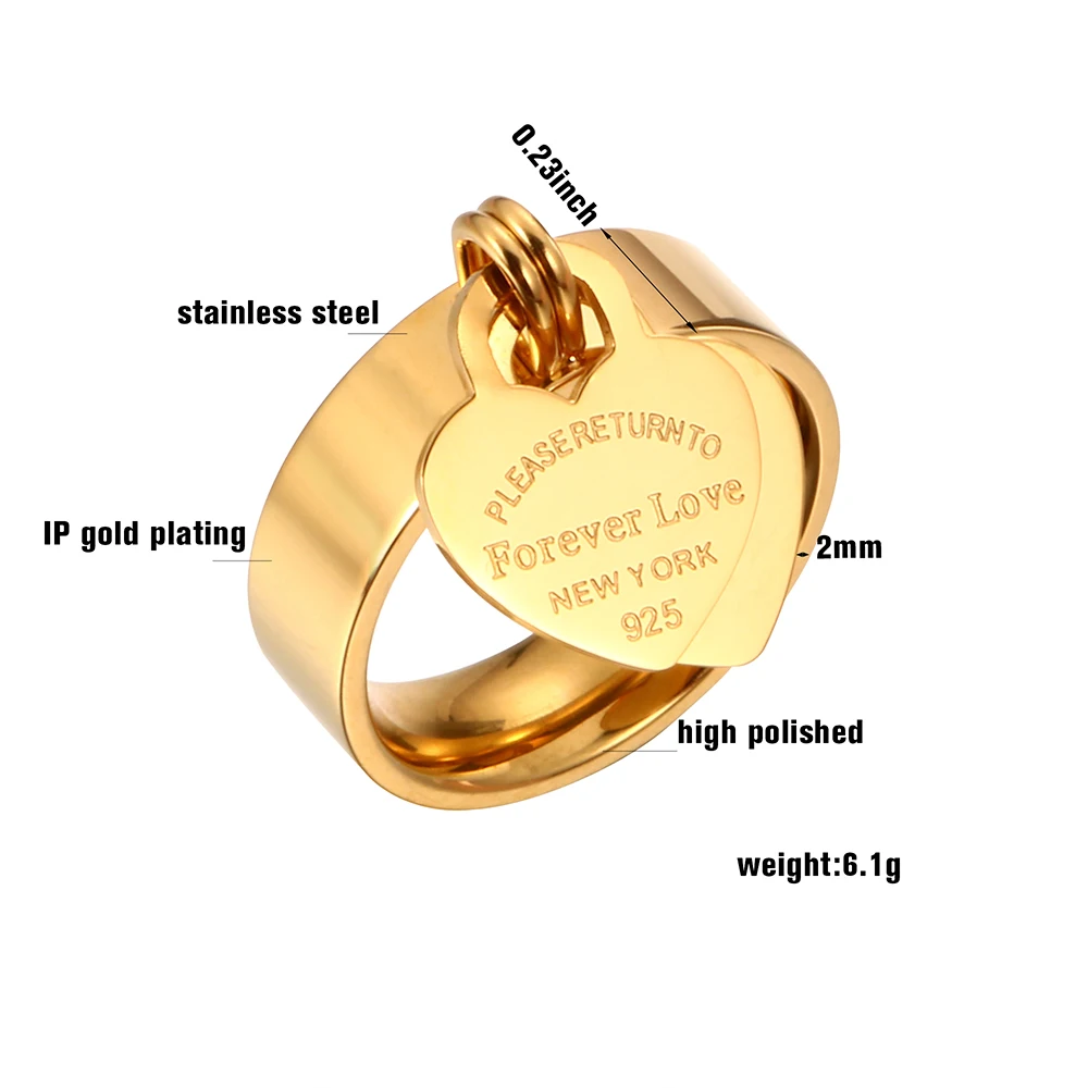 Multi Size Gold Color Girl Women Ring Stainless Steel Charm Finger Rings Sweet Heart Trendy Female Ring Jewelry Gift