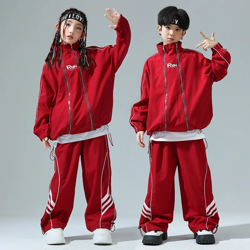

Kid Hip Hop Clothing Red Zipper Windbreaker Jacket Top Casual Wide Drawstring Pants for Girl Boy Jazz Dance Costume Clothes Set