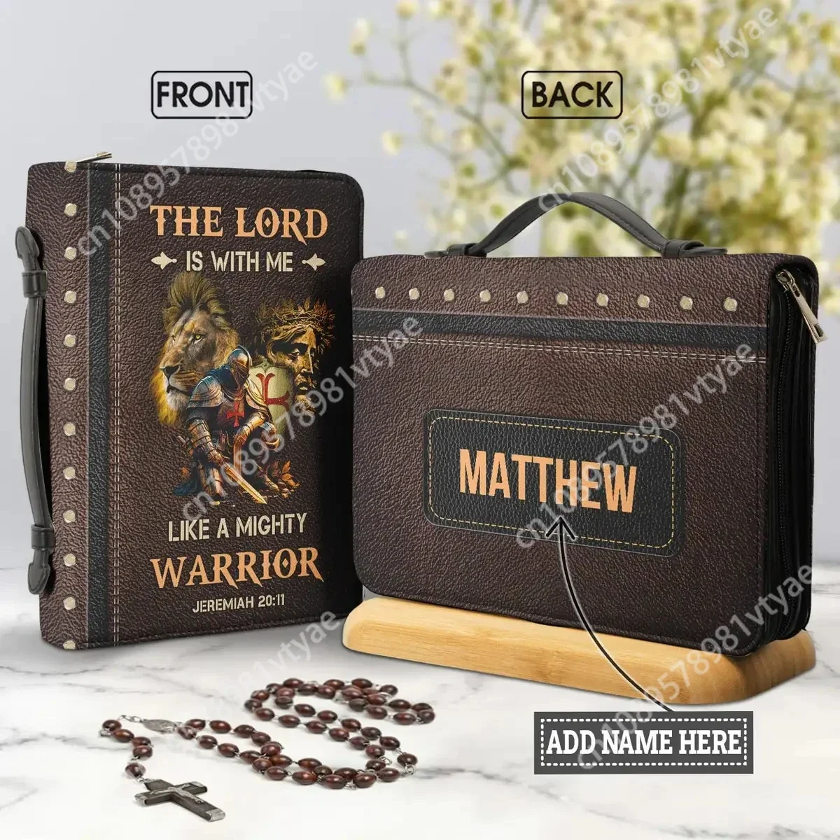 

New Women's PU Leather Bible Bag The Lord Is with Me Like A Mighty Warrior Verse Print Ladies Zippered Bible Cover Case Bolsa