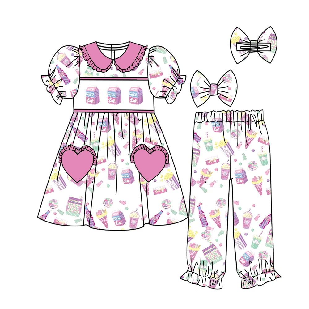 Dia dos namorados boutique terno infantil de manga curta elástico flor coração impressão calças menina terno roupas de bebê