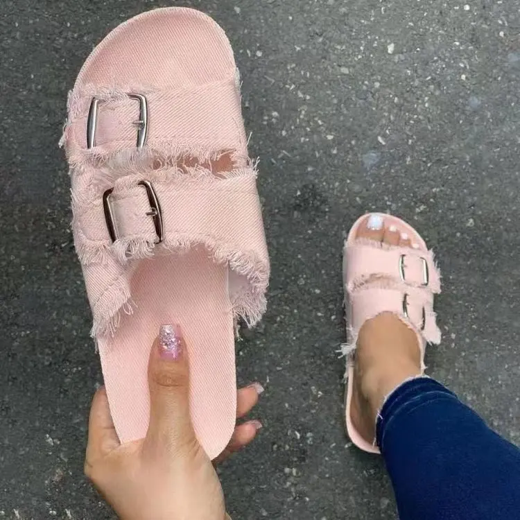 Women Cork Slippers Fashion Double Buckle Sandals Non Slip Slides Ladies Men Casual Beach Sandas Big Size Shoes Flip Flops