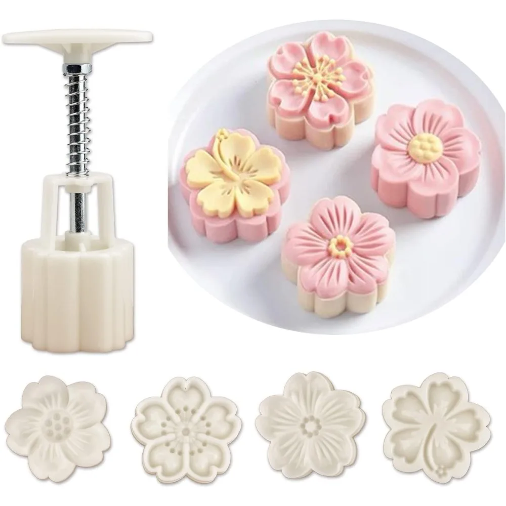 

4Pcs/Set Mooncake Mold Cherry Blossom Flowers Letter Pattern Stamps Hand Press Mold Plungers Pastry Tools Mid-autumn Festival