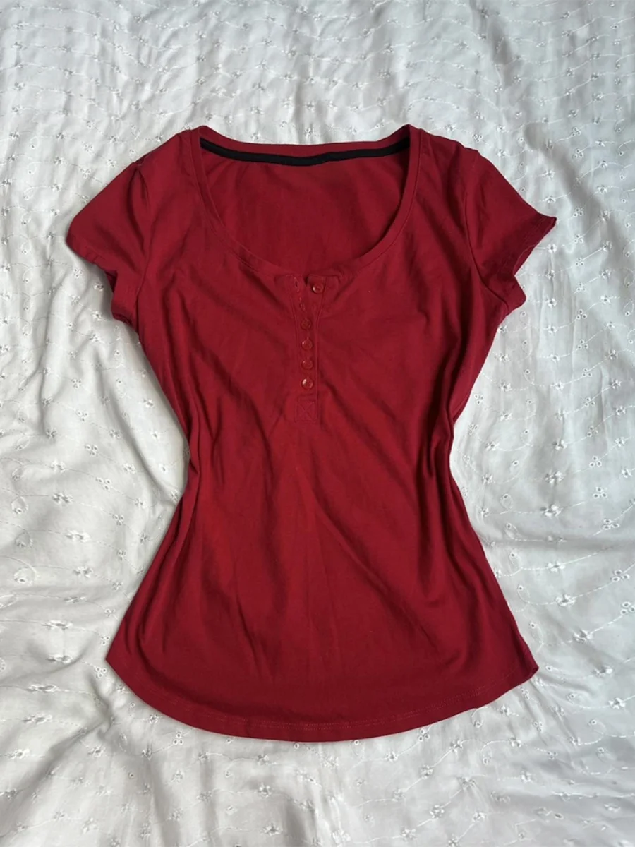Camiseta Peach Girl Original Roja con Cintura Ajustada y Hombros Descubiertos para Mujer, Diseño Vintage de Verano, Cuello Redondo, Estilo Coreano, Corte Ajustado