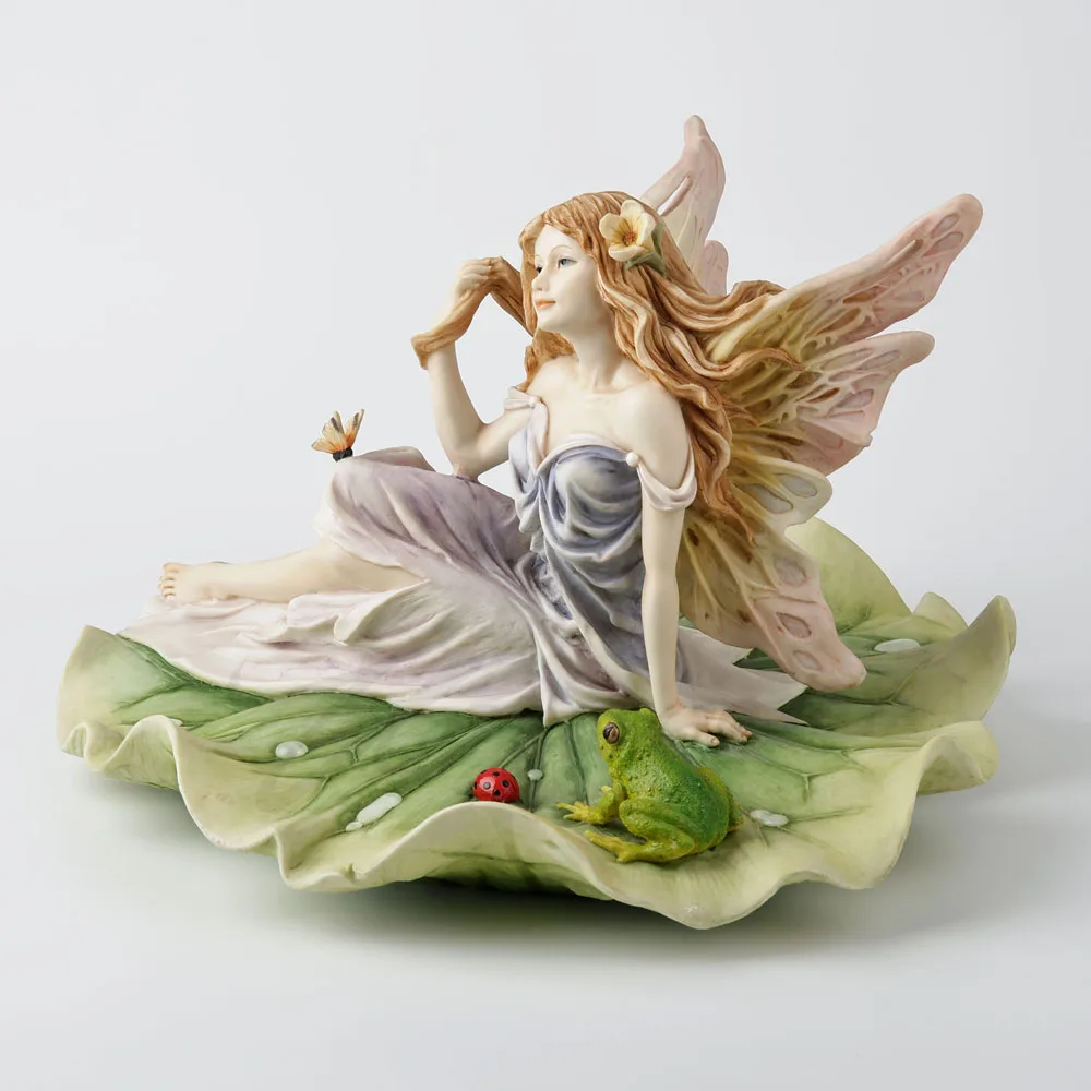 Resin Fairy Figurine Lying on Lotus Leaf with Frog and Ladybug Hand Painted Elf Sculpture Home Tabletop Decorative Ornament Gift