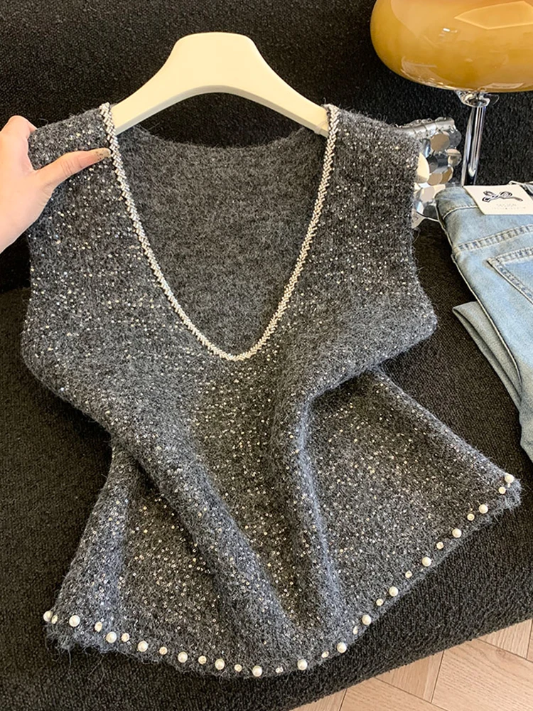 

Women's V-Ne Knitted Vest Sequin Embellied Layering Top Winter New Sle Commute Sle Faionable Warmth Comfortable