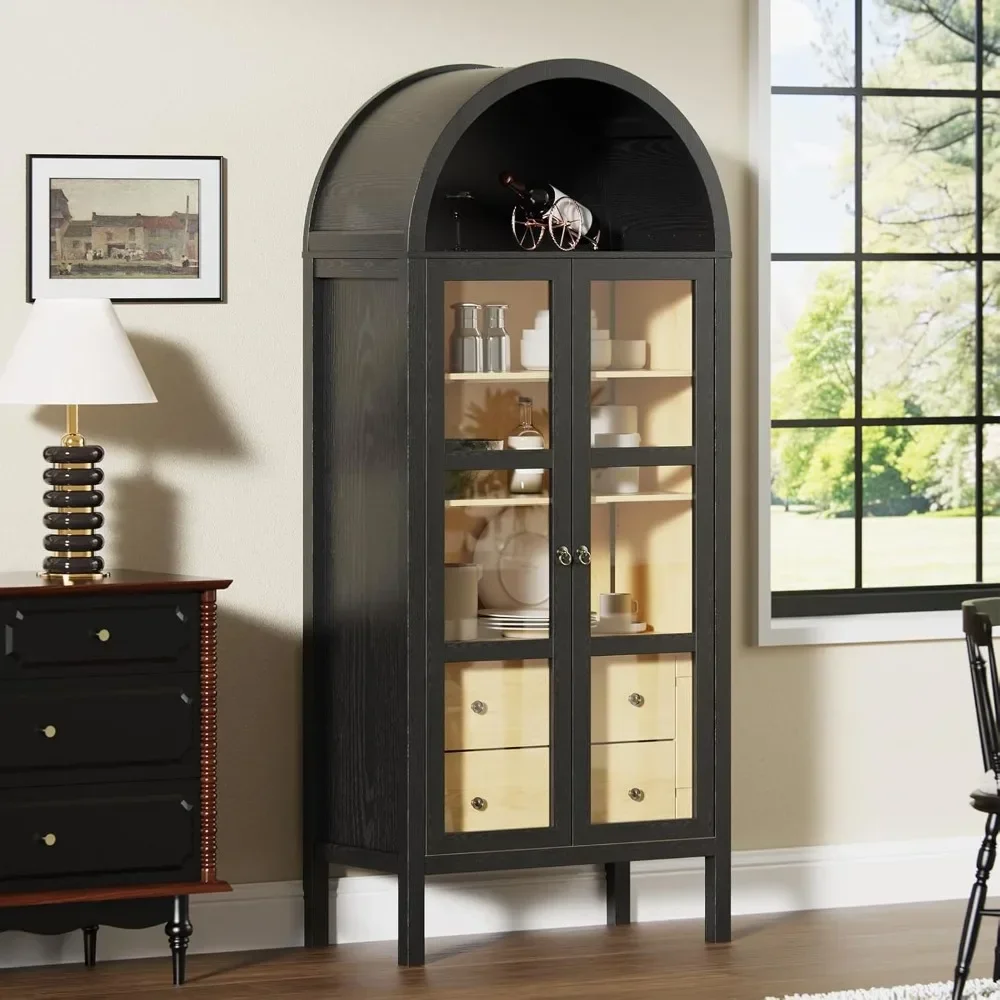 

Modern Farmhouse Arched Cabinet with Glass Doors,72" Tall Auto Sensor Light Arch Storage Cabinet with Height Adjustable Shelf