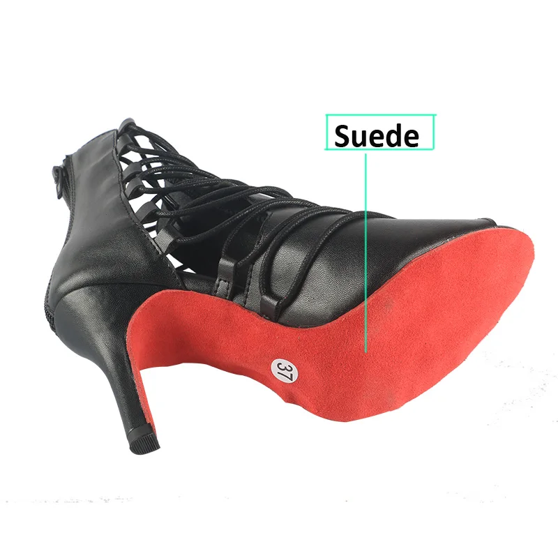 Wedopus Customized 8.5CM Black Microfiber Open Toe Heels Dance Boots Jazz Salsa Dancing Shoes Red Suede Soled