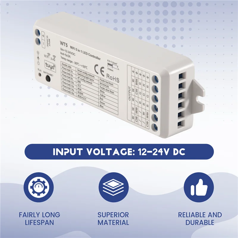 Светодиодный контроллер ABGR-Tuya 5 в 1, диммер CCT RGB RGBW RGBWW RGBCCT Strip Smart Life Wi-Fi 2,4G RF пульт дистанционного управления 12-24 В WT5