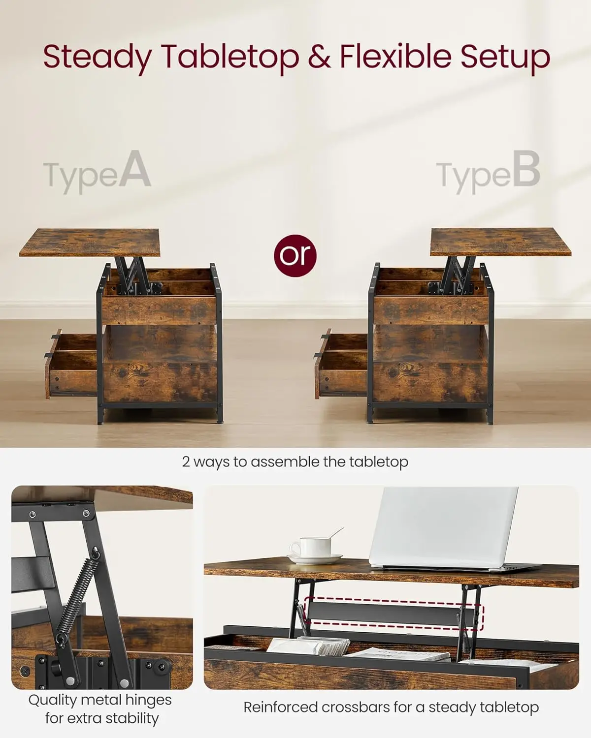 Lift Top Coffee Table With Storage Drawers, Coffee Table For Living Room With Lifting Top, Hidden Compartments And Open Shelf