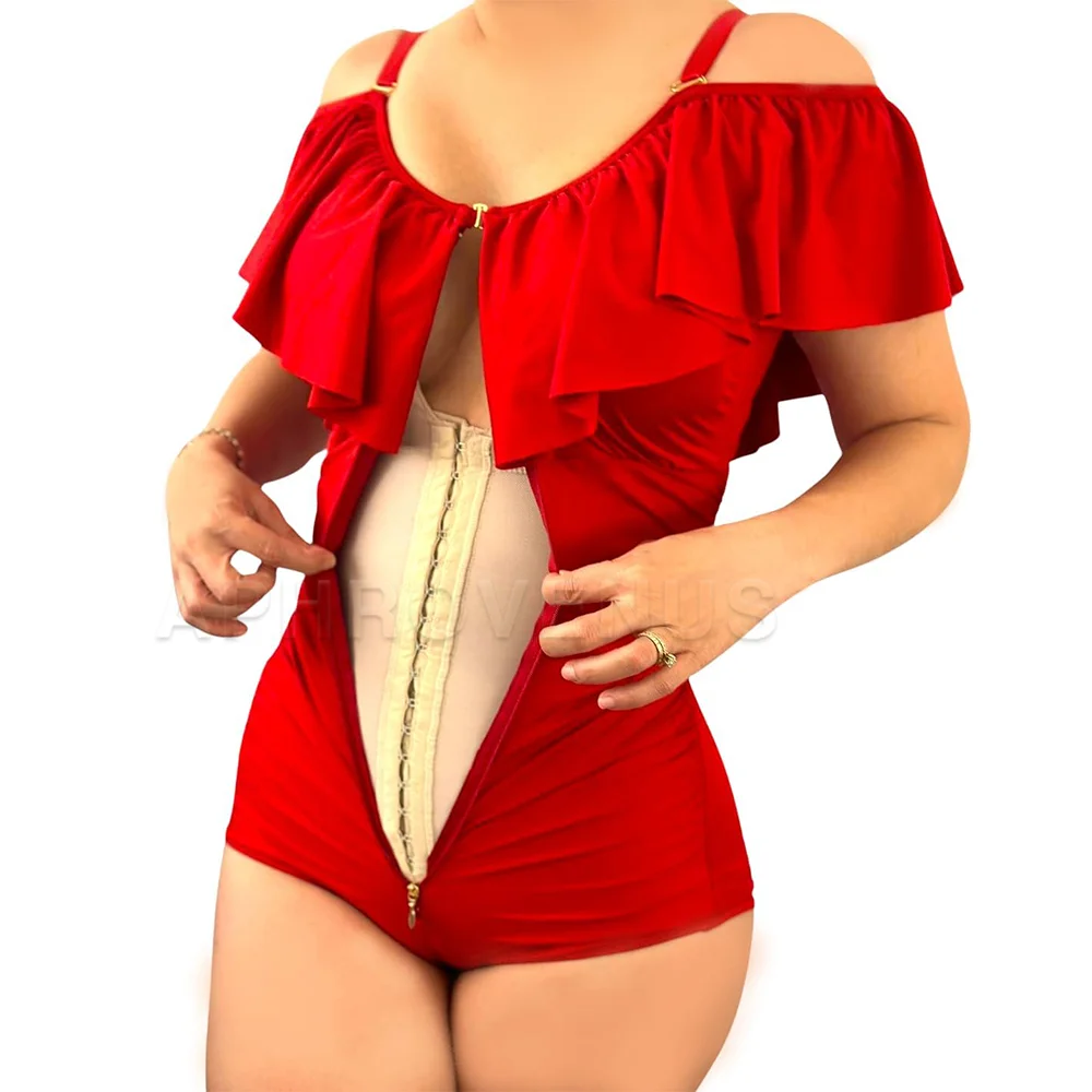 Red Ruffles Tummy Control Triangle Body Hourglass Shaper Compression Shapewear Waist Trainer Hook-eyes Underwear Fajas New