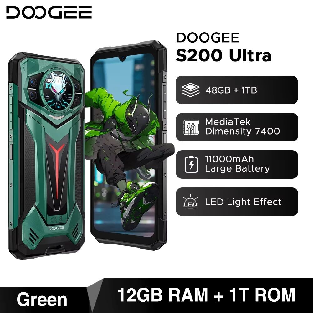 DOOGEE S200 Ultra 5G robuuste telefoon 48GB+1TB 6.72'' 120Hz display 11000mAh batterij 66W NFC Dimensity 7400 Android 15 smartphone