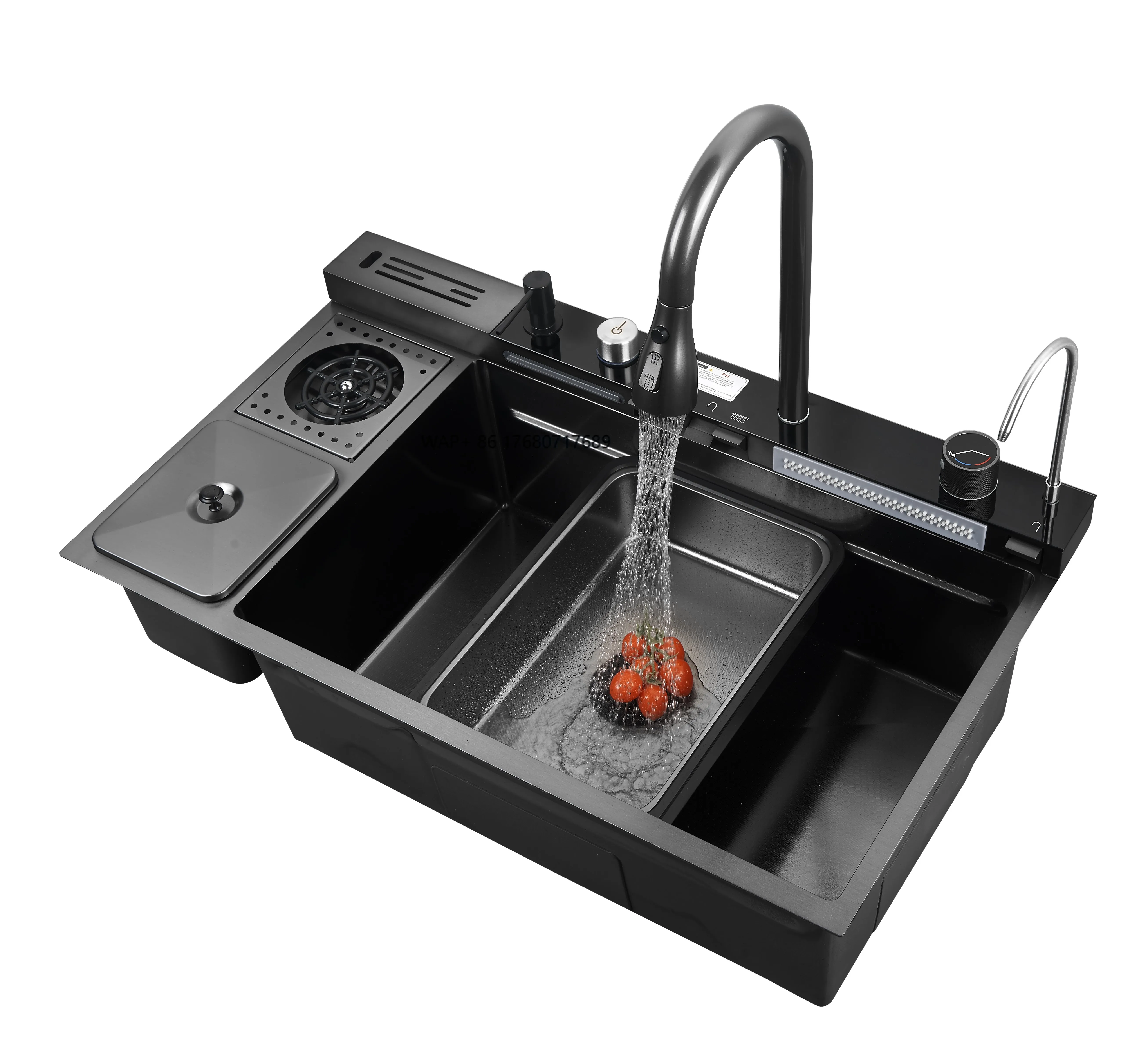 

Luxury Hotel Kitchen LED Waterfall Tap Faucet Single Bowl Style Stainless Steel Sink Set with One-Hole Garbage Storage