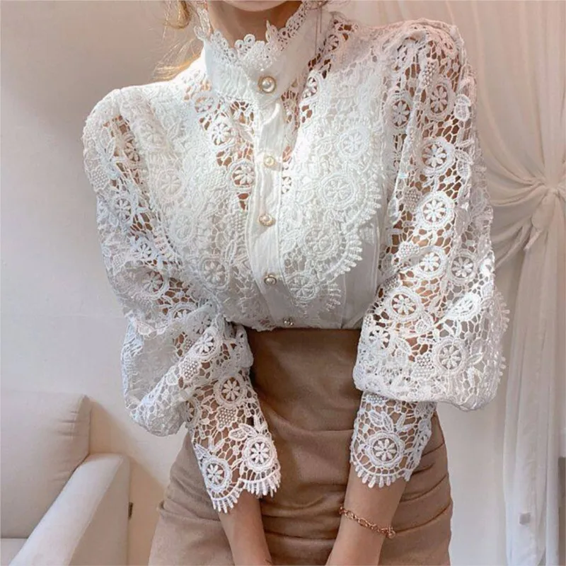 White Lace Blouse Women Spring Summer Sexy Long Sleeve Pearl Button Flower Hollow Out Blusas See Through Mesh Shirt Tops