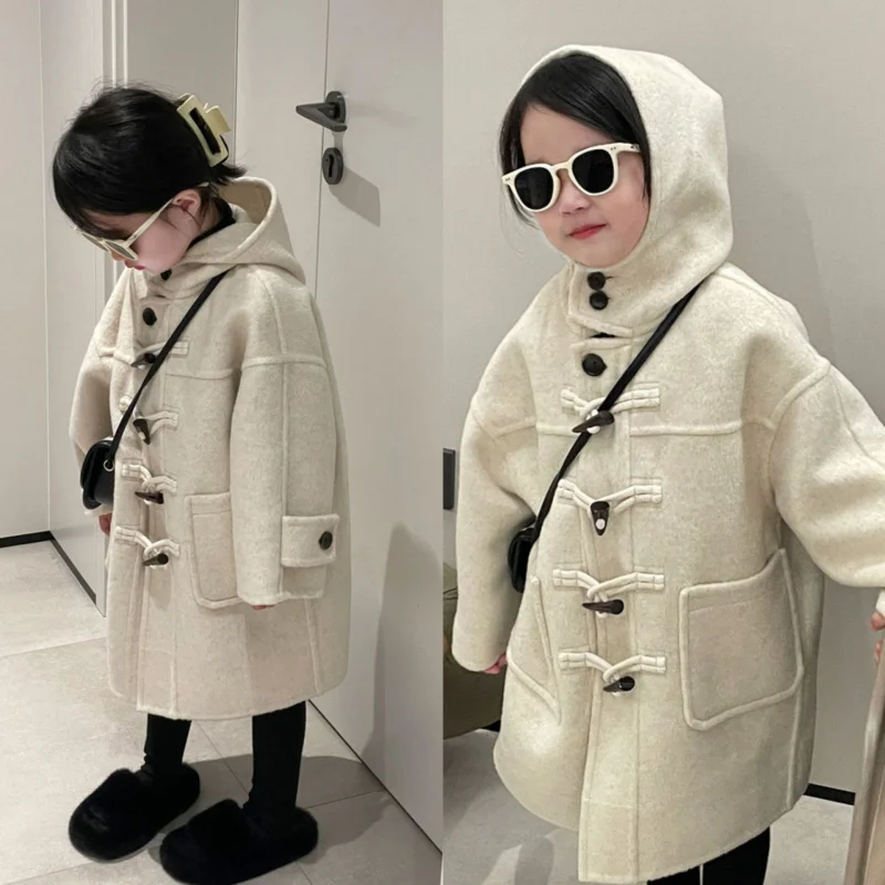 Hnq-Boys and Girls Coat Autumn and Winter New Temperament Horn Button Hooded Woolen Coat Tide Children One Piece Dropshipping